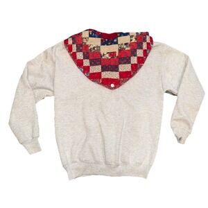 Vintage Jerzees Cardigan Sweatshirt Gray W Quilt Scarf Cape Cottage Grandma USA